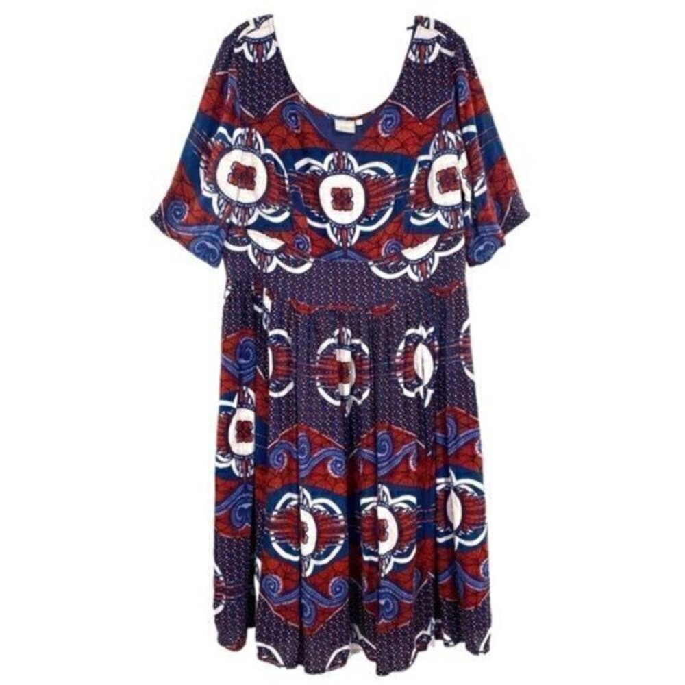 eShakti Red and Blue Cotton Boho Print Dress